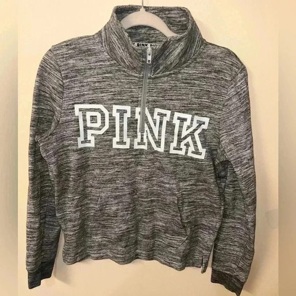 Victorias Secret PINK Sweatshirt Gray White 1/4 Zip Pullover Long Sleeve Size M - Picture 2 of 4